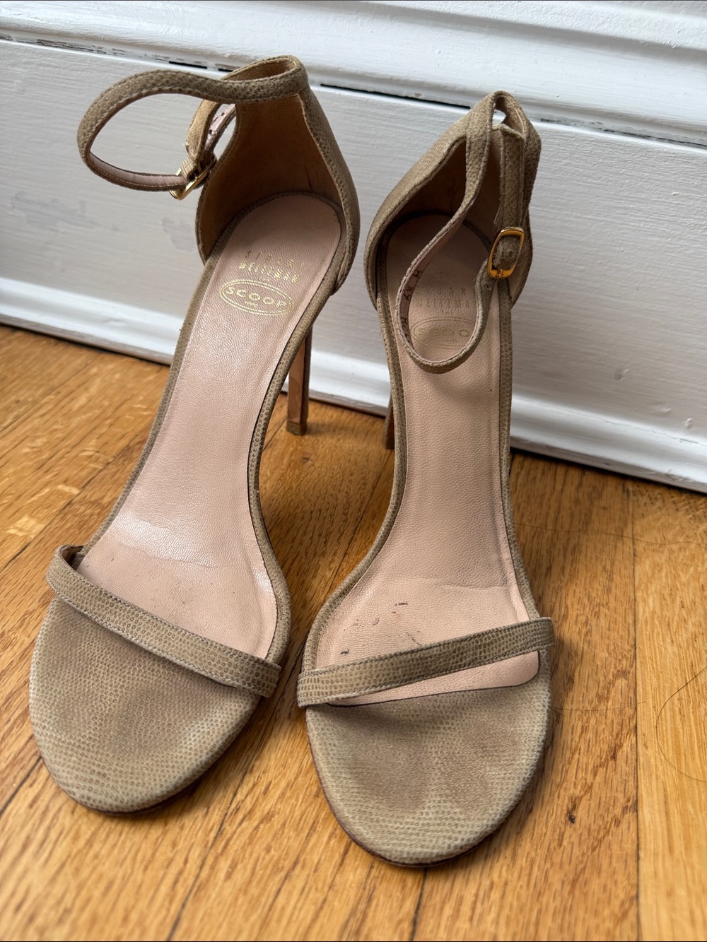 Stuart Weitzman Taupe Suede Ankle-Strap Stiletto Sandals